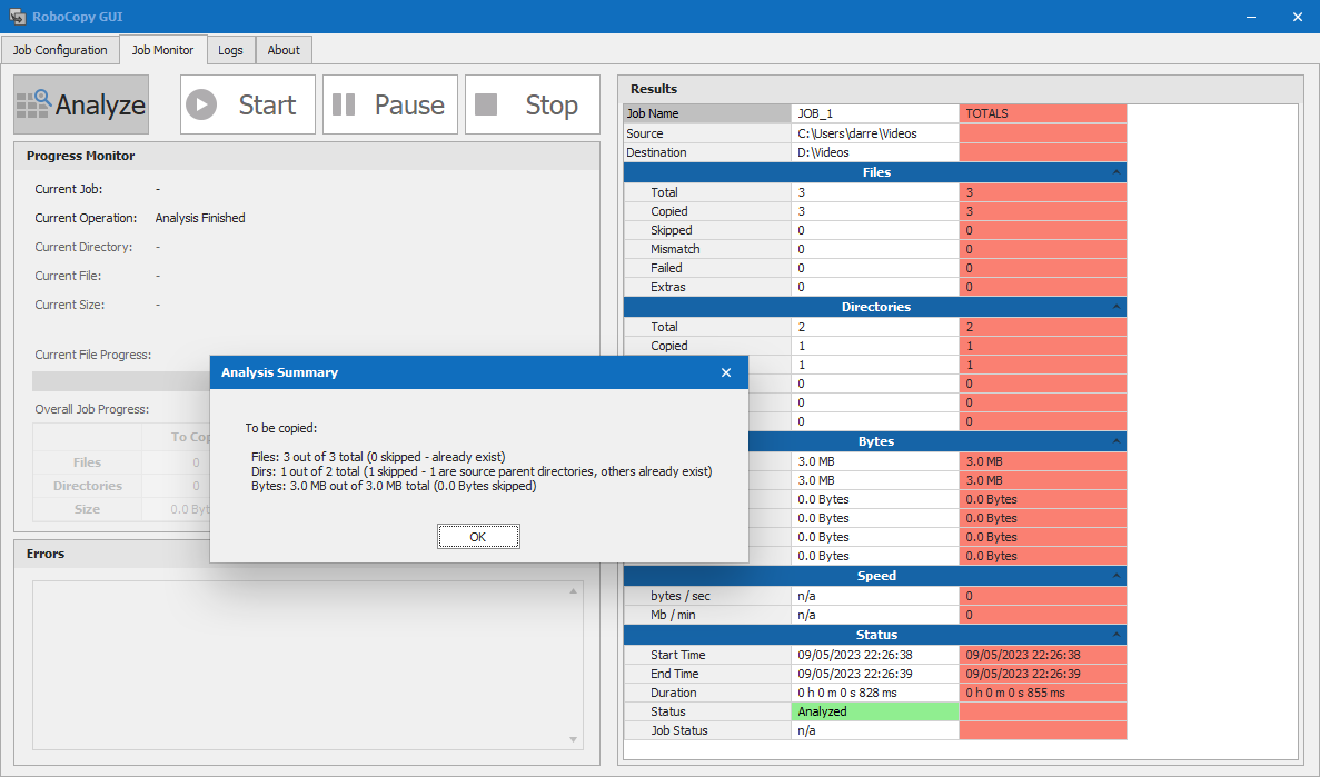 screenshot of RoboCopy GUI